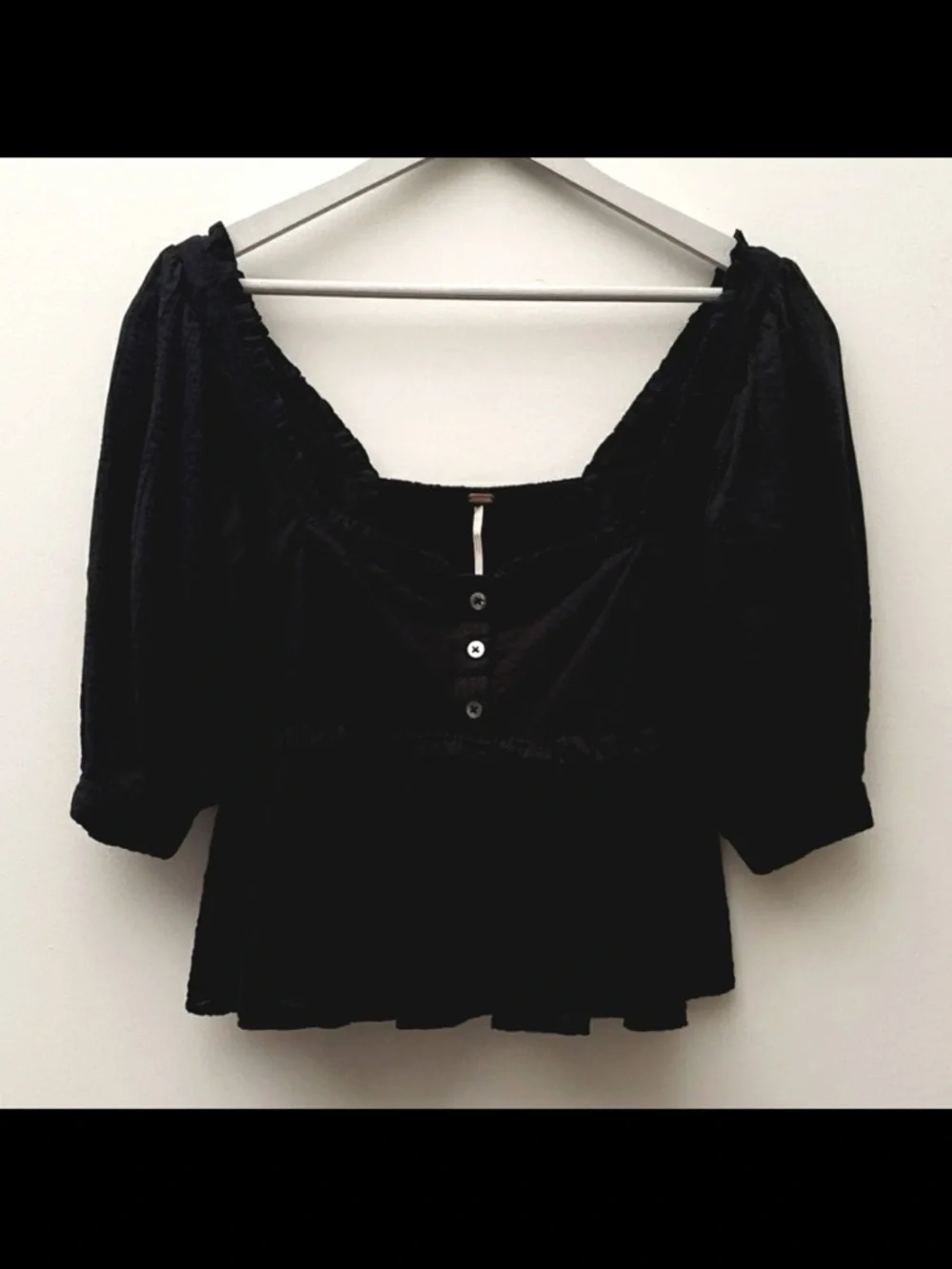 Free People Black Peplum Puff-Sleeve Button-Front Top